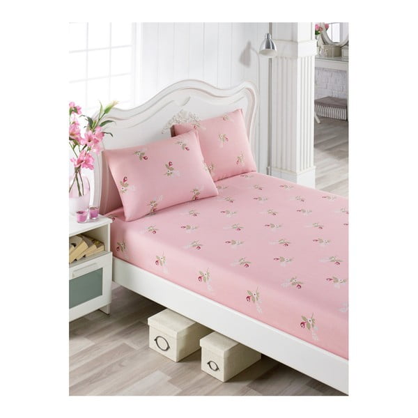 Lunteo Lusno vienvietīgas gultas pārklāji un 2 spilvendrānas, 100 x 200 cm, kokvilnas, rozā krāsā