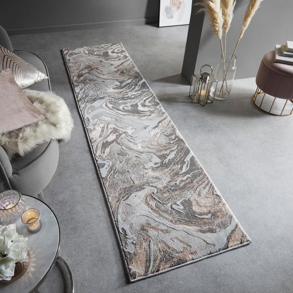 Pelēks/bēšs celiņa paklājs 60x230 cm Marbled – Flair Rugs-image-1