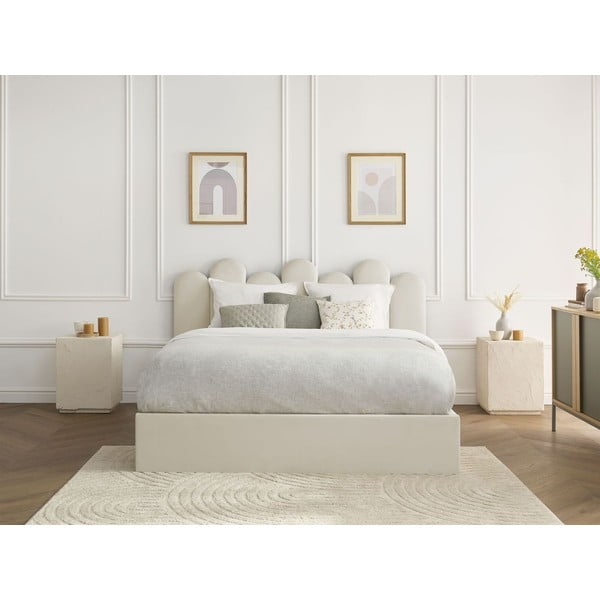 Bēša polsterēta divvietīga gulta ar veļas kasti un redelēm 160x200 cm Badja – Bobochic Paris-image-1