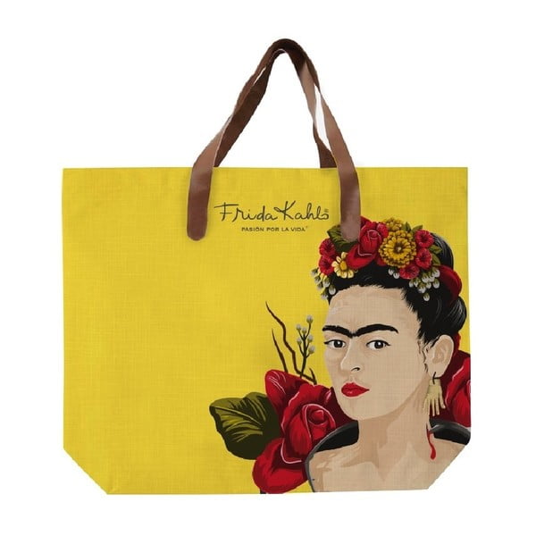 Dzeltena audekla soma ar ādas imitācijas rokturi Madre Selva Frida Roses, 55 x 40 cm