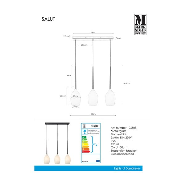 Balta/melna piekaramā lampa ar stikla abažūru Salut – Markslöjd-image-2