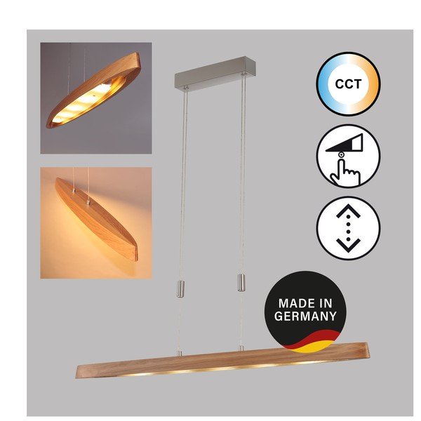 Sudraba krāsas/dabīga toņa LED piekaramā lampa ar regulējamu spilgtumu un koka abažūru Shine-wood – Fischer & Honsel-image-3