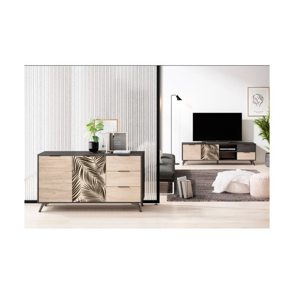 Melna zema kumode ar ozolkoka imitāciju 136x81 cm Palmera – Marckeric-image-4