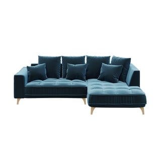 Tumši zils samta stūra dīvāns Devichy Chloe, labais stūris, 256 cm