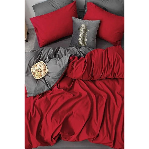 Sarkana/pelēka kokvilnas  gultas veļa divvietīgai gultai 200x220 cm – Mila Home