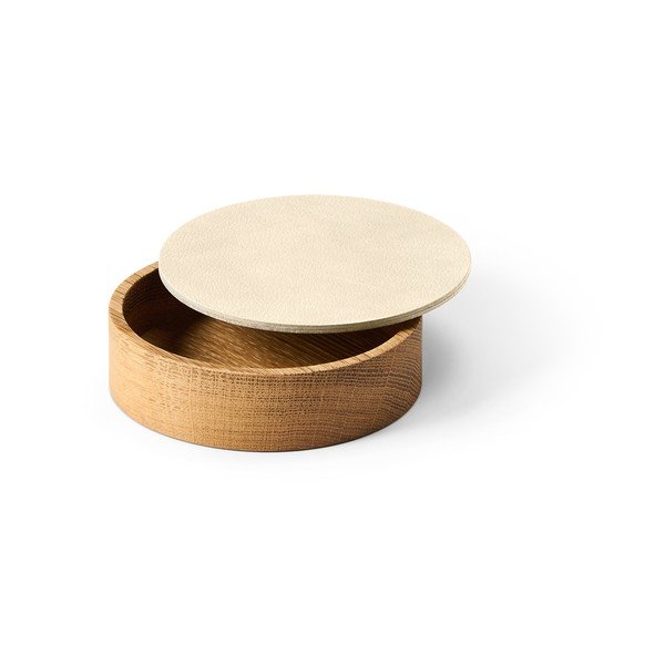 Krēmkrāsas/dabīga toņa dekoratīva koka/ekoloģiskās ādas uzglabāšanas kaste ar vāku ø 11x3,5 cm Circle Nupo – LIND DNA-image-1