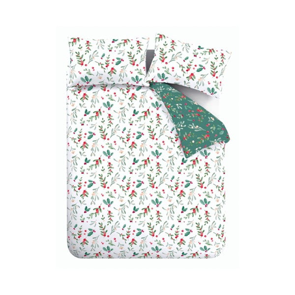 Balta/zaļa divguļamā flaneļa gultas veļa 230x220 cm Holly and Mistletoe – Catherine Lansfield