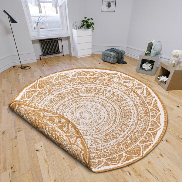Okera dzeltens/balts apaļš āra paklājs ø 140 cm Siruma – NORTHRUGS-image-1