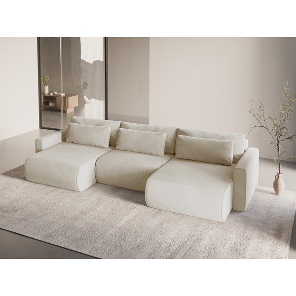 Bēšs samta stūra dīvāns ar uzglabāšanas vietu (U veida) Belfast – Cosmopolitan Design-image-1