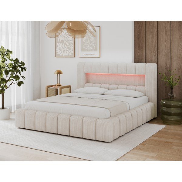 Bēša polsterēta divvietīga gulta ar veļas kasti ar redelēm 140x200 cm Lamica – ELTAP-image-2