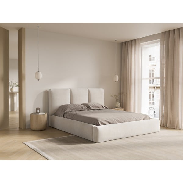Bēša polsterēta divvietīga gulta ar veļas kasti un redelēm 140x200 cm Brody – Mazzini Beds-image-1