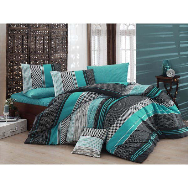 Gultas veļa ar gultas pārklāju divguļamai gultai Nazenin Home Zigo Turquoise, 200 x 220 cm