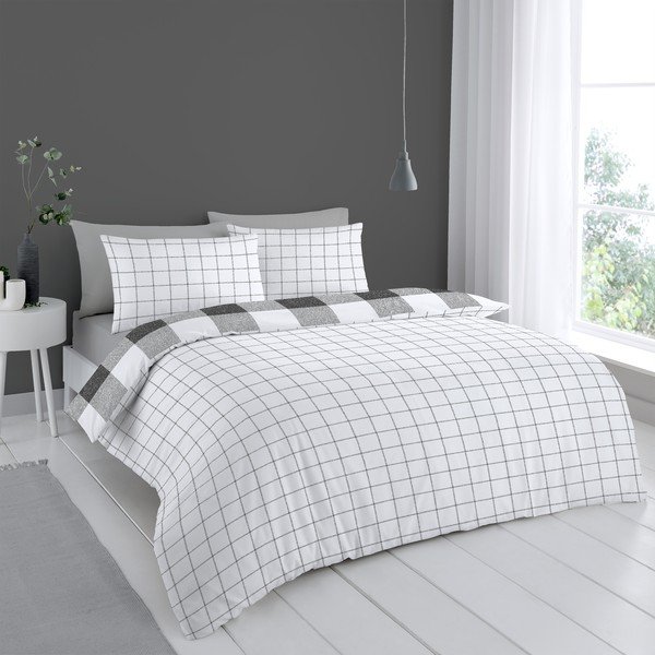 Balti pelēka gultas veļa 200x200 cm Bold Check – Cloudsoft-image-2