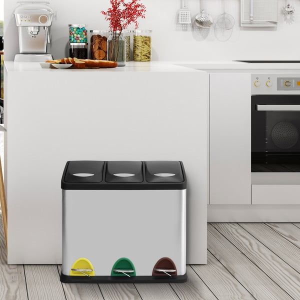 Matētas sudraba krāsas atkritumu šķirošanas tērauda atkritumu tvertne ar pedāli 3x8 l   Tri Selectif – MSV-image-1