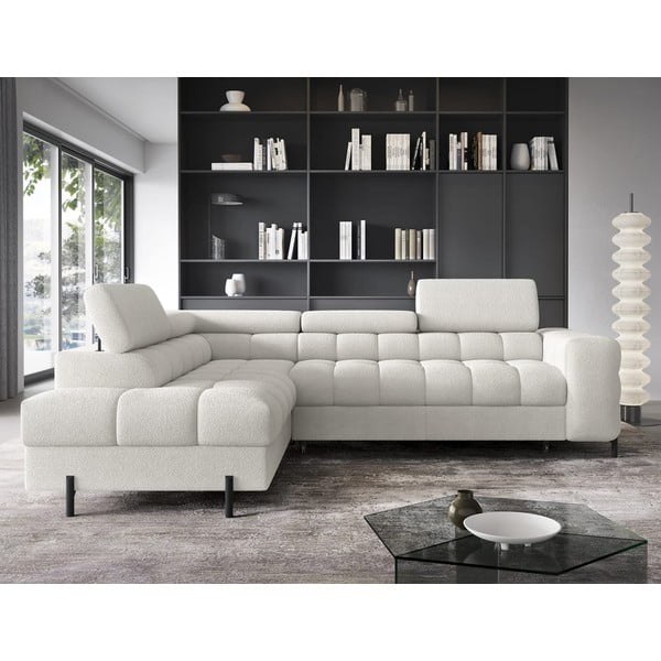 Krēmkrāsas salokāms/ar uzglabāšanas vietu stūra dīvāns no buklē auduma (ar kreiso stūri/L veida) Ferucce – ELTAP-image-1