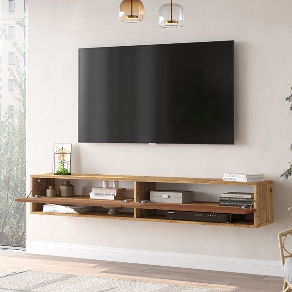 Ķieģeļu sarkans/dabīga toņa TV galdiņš ar priedes koka imitāciju 180x29x32 cm – Kalune Design-image-4