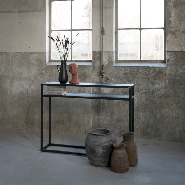 Melns konsoles galds ar ozola masīvkoka galda virsmu 30x120 cm Daniël – Spinder Design-image-2