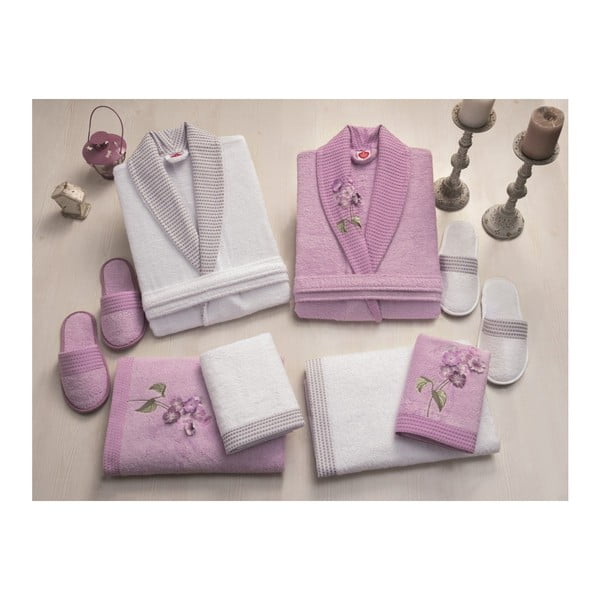Sieviešu un vīriešu halātu, dvieļu un čību komplekts baltā/violetā krāsā Family Bath
