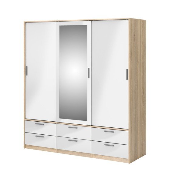 Balts/dabīga toņa drēbju skapis ar ozolkoka imitāciju ar bīdāmām durvīm 181x200 cm Line – Tvilum-image-3