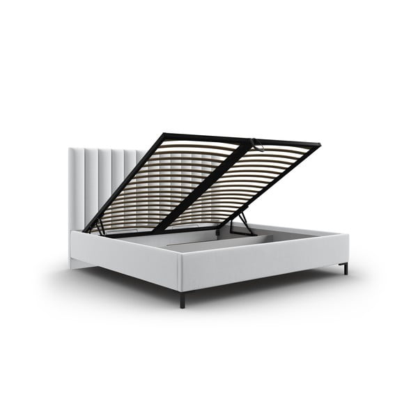 Gaiši pelēka polsterēta divvietīga gulta ar veļas kasti un redelēm 160x200 cm Casey – Mazzini Beds-image-3