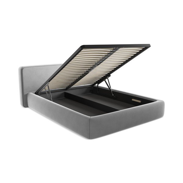 Pelēka polsterēta divvietīga gulta ar veļas kasti un redelēm 160x200 cm Kiana – Makamii-image-3