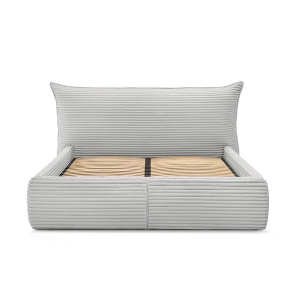 Gaiši pelēka polsterēta divvietīga gulta ar veļas kasti un redelēm 180x200 cm Jade – Bobochic Paris-image-4