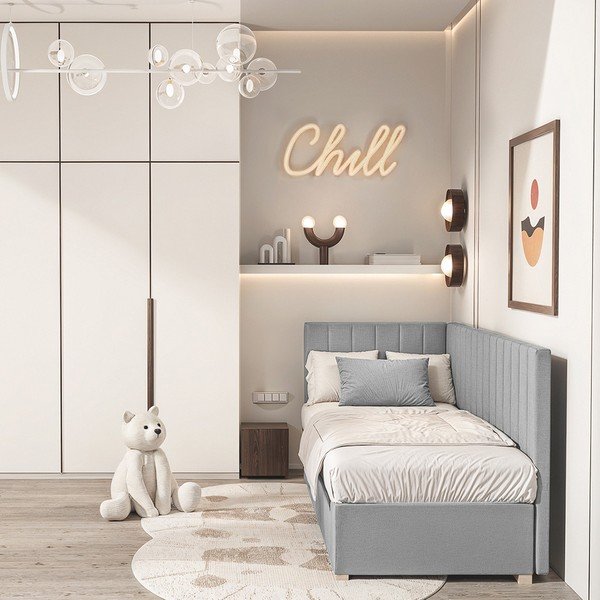 Pelēka stūra bērnu gulta ar veļas kasti ar matraci 90x200 cm Snugi – Ghado-image-1