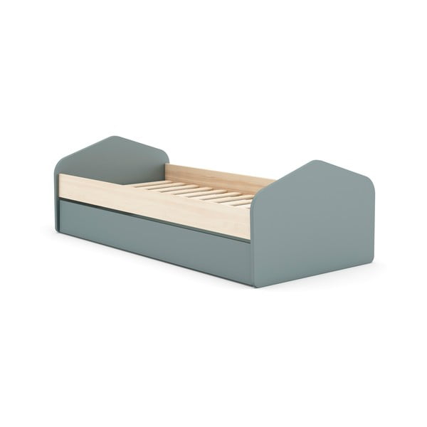 Dabīga toņa/dūmakaini zaļa izvelkama bērnu gulta ar priedes koka imitāciju ar veļas kasti ar redelēm 90x200 cm Estefania – Marckeric-image-1