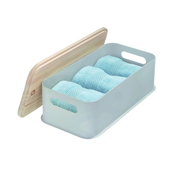 Pelēka uzglabāšanas kaste ar paulovnijas koka vāku iDesign Eco Handled, 21,3 x 43 cm-image-3