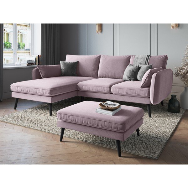 Gaiši rozā samta kāju soliņš ar melnām kājām Kooko Home Lento-image-1