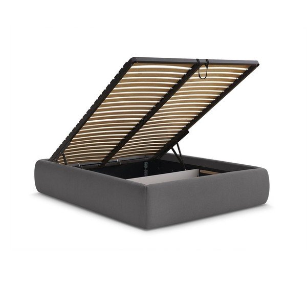 Tumši pelēka polsterēta divvietīga gulta ar veļas kasti/bez galvgaļa un ar redelēm 160x200 cm Inera – Bobochic Paris-image-3