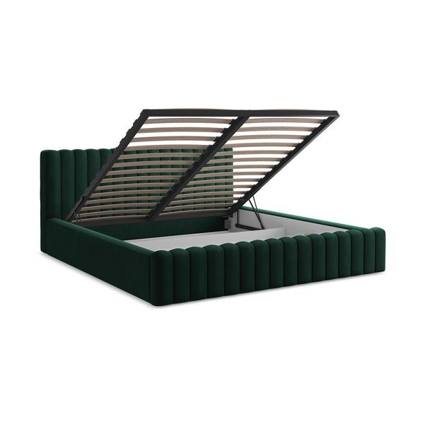 Tumši zaļa polsterēta divvietīga gulta ar veļas kasti un redelēm 140x200 cm Lemi – Makamii-image-3