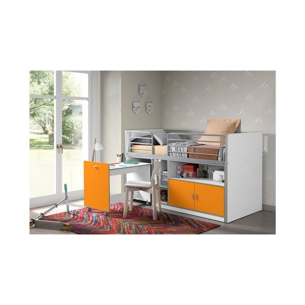 Balta un oranža divstāvu gulta ar izvelkamu galdu un uzglabāšanas vietu Vipack, 200 x 90 cm-image-1