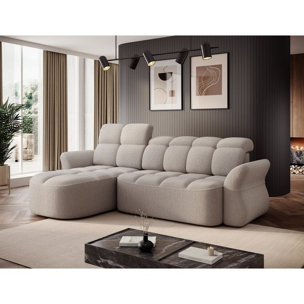 Bēšs salokāms/ar uzglabāšanas vietu stūra dīvāns no buklē auduma (ar kreiso stūri/ar zvilni) Beneth – ELTAP-image-3