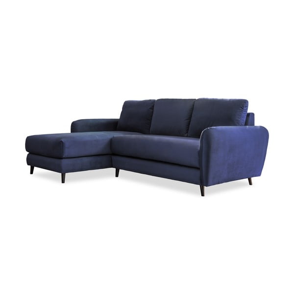 Tumši zils samta stūra dīvāns ar kāju soliņu Miuform Cozy Claire, kreisais stūris