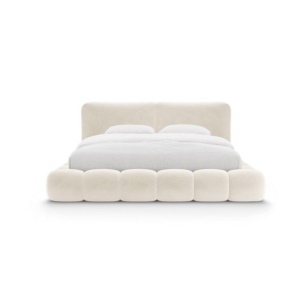 Ziloņkaula krāsas polsterēta divvietīga gulta ar veļas kasti un redelēm 160x200 cm Solange – Micadoni -image-4