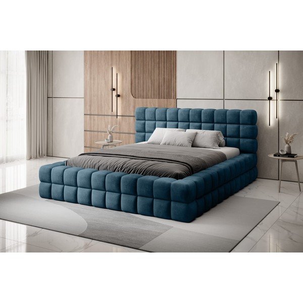 Zila polsterēta divvietīga gulta ar veļas kasti un ar redelēm 180x200 cm Dizzle – ELTAP-image-1