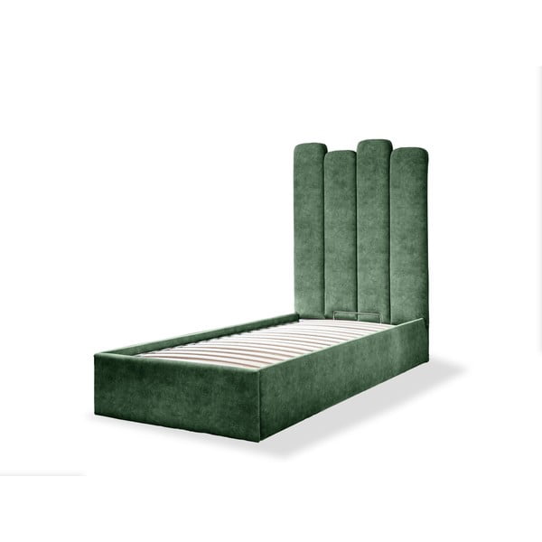 Zaļa mīksta vienvietīga gulta ar uzglabāšanas vietu un režģi 90x200 cm Dreamy Aurora – Miuform