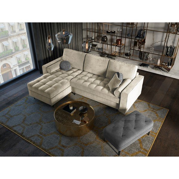 Bēšs samta izvelkamais stūra dīvāns ar veļas kasti Milo Casa Santo, kreisais stūris-image-1