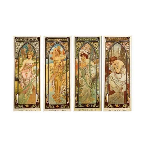 4 gleznu komplekts "Dienas laiki", Alfonss Mucha, 45x120 cm