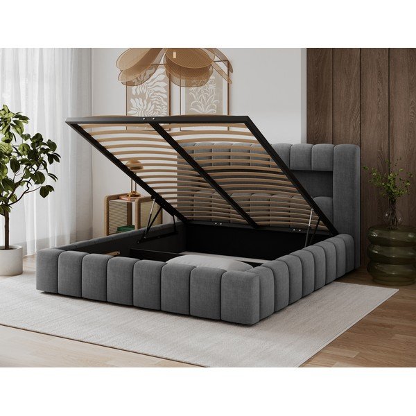 Pelēka polsterēta divvietīga gulta ar veļas kasti un ar redelēm 160x200 cm Lamica – ELTAP-image-2