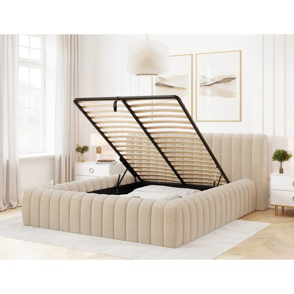 Bēša polsterēta divvietīga gulta ar veļas kasti un ar redelēm 180x200 cm Carilla – ELTAP-image-2