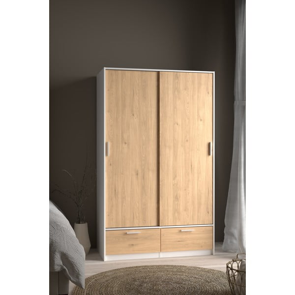 Balts/dabīga toņa drēbju skapis ar ozolkoka imitāciju ar bīdāmām durvīm 121x200 cm Line – Tvilum-image-4