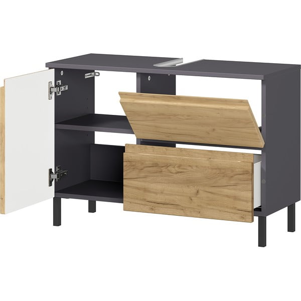 Tumši pelēks skapītis zem izlietnes ar ozolkoka imitāciju 80x56 cm Salinas – Germania-image-3