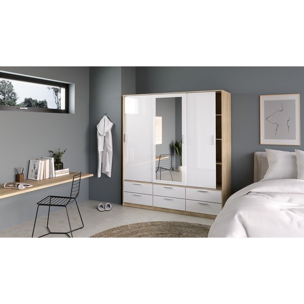 Balts/dabīga toņa drēbju skapis ar ozolkoka imitāciju ar bīdāmām durvīm 181x200 cm Line – Tvilum-image-1