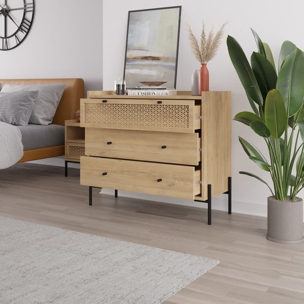 Dabīga toņa zema kumode ar ozolkoka imitāciju 90x80 cm Mayra – Marckeric-image-3