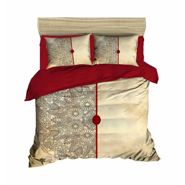 Sarkana/bēša divvietīga/īpaši gara satīna gultas veļa 200x220 cm – Mijolnir