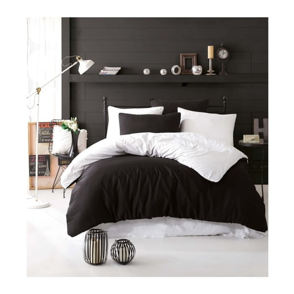 Melnbalta gultasveļa ar palagu divguļamai gultai Permento Baka, 200 x 220 cm