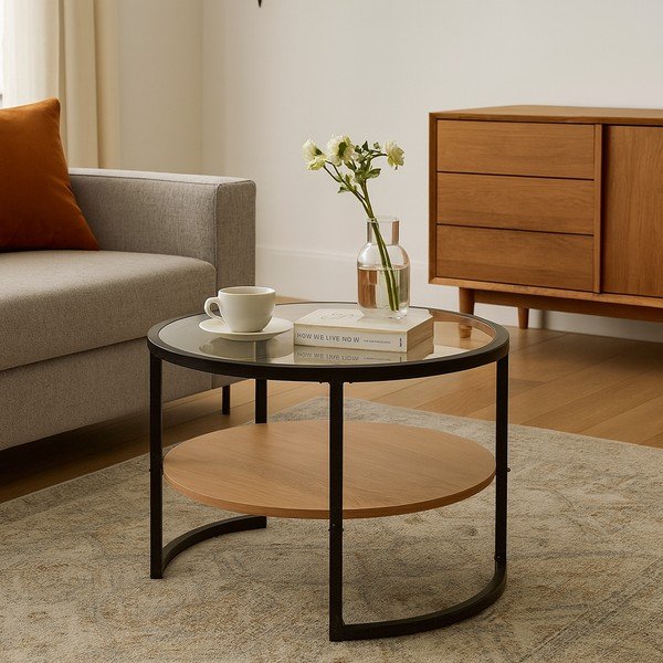 Melns/dabīga toņa apaļš žurnālgaldiņš ar ozolkoka imitāciju ø 68 cm Zanu – Bonami Essentials-image-1