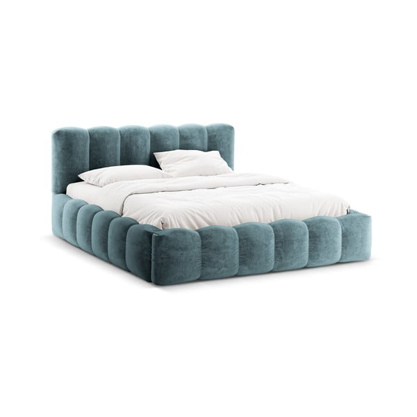 Zila polsterēta divvietīga gulta ar veļas kasti un redelēm 200x200 cm Lupine – Micadoni Home-image-3